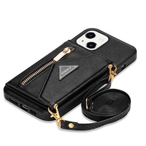 yun chi crossbody slim wallet cases for iphone 13 mini with lanyard strap credit card holder 5.4'', pu leather protective handbag zipper purse kickstand cover women girl (black)