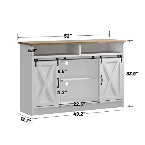 White Coffee Bar Cabinet, 52" Farmhouse Kitchen Sideboard Buffet Storage Cabinet White Sideboard Buffet Cabinet with Storage Sliding Barn Door for Kitchen, Dining Room, Living Room (White, 52inch)