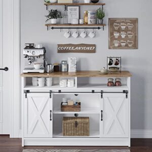 White Coffee Bar Cabinet, 52" Farmhouse Kitchen Sideboard Buffet Storage Cabinet White Sideboard Buffet Cabinet with Storage Sliding Barn Door for Kitchen, Dining Room, Living Room (White, 52inch)