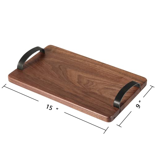 Muso Wood Wooden Serving Tray, Solid Natural Wood Tray with Leather Handles, Wooden Board for Food, Cheese&Charcuterie, Decorative Serving Platter for Party (Walnut)