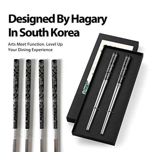 Hagary Dragon Chopsticks Metal Reusable Designed In Korea Japanese Style Stainless Steel 316 18/10 Non-Slip 2 Pairs Dishwasher Safe Laser Etched (Black)