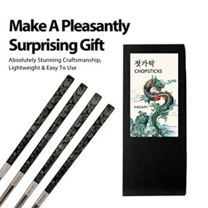 Hagary Dragon Chopsticks Metal Reusable Designed In Korea Japanese Style Stainless Steel 316 18/10 Non-Slip 2 Pairs Dishwasher Safe Laser Etched (Black)