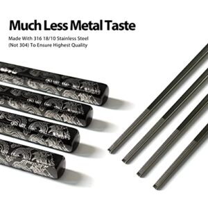 Hagary Dragon Chopsticks Metal Reusable Designed In Korea Japanese Style Stainless Steel 316 18/10 Non-Slip 2 Pairs Dishwasher Safe Laser Etched (Black)