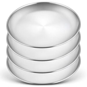 haware 4-piece 18/8 stainless steel plates, metal 304 dinner dishes for kids toddlers children, 9 inch feeding serving camping plates, reusable dinnerware, shatterproof & non-toxic, dishwasher safe