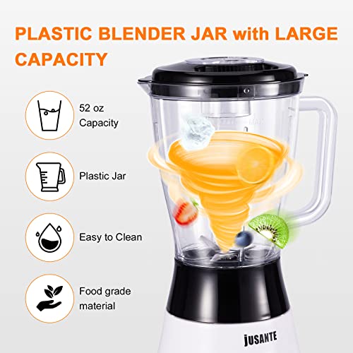 Blender for Kitchen 52oz Smoothie Blender with Plastic Jar 500 Watts Countertop Blender for Shakes and Smoothies 2 Speed with Pulse Licuadora Ice Crusher Blender for Frozon (White Black)