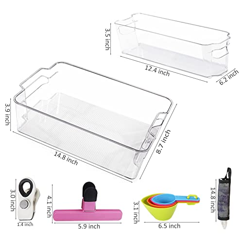 Reliable1st Refrigerator Stackable Organizer Storage Bins Set - 8 PCS clear Pantry Organizers with Handles for Freezer, Kitchen, Cabinets Include Bag Clips， Measuring Cups, Labels and Marker