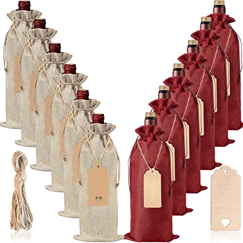 12 Pcs Burlap Wine Bags and 12 Pcs Gift Tags, Reusable Wine Gift Bags with Drawstrings, Jute Wine Bags, Wine Bottle Covers, Wine Bottle Bags for Party, Wedding, Birthday, Blind Tastings, Travel, Christmas, Home Storage