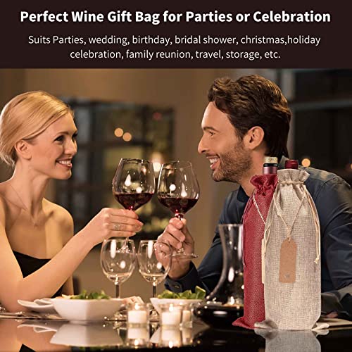 12 Pcs Burlap Wine Bags and 12 Pcs Gift Tags, Reusable Wine Gift Bags with Drawstrings, Jute Wine Bags, Wine Bottle Covers, Wine Bottle Bags for Party, Wedding, Birthday, Blind Tastings, Travel, Christmas, Home Storage