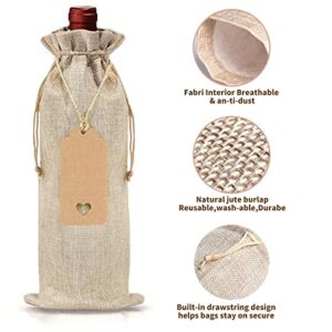 12 Pcs Burlap Wine Bags and 12 Pcs Gift Tags, Reusable Wine Gift Bags with Drawstrings, Jute Wine Bags, Wine Bottle Covers, Wine Bottle Bags for Party, Wedding, Birthday, Blind Tastings, Travel, Christmas, Home Storage