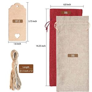 12 Pcs Burlap Wine Bags and 12 Pcs Gift Tags, Reusable Wine Gift Bags with Drawstrings, Jute Wine Bags, Wine Bottle Covers, Wine Bottle Bags for Party, Wedding, Birthday, Blind Tastings, Travel, Christmas, Home Storage