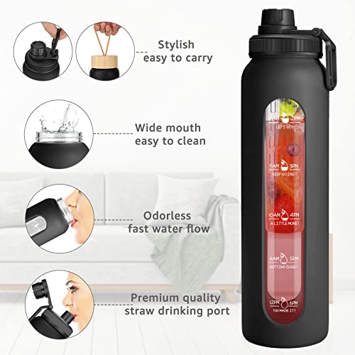 Sursip 32oz Glass Water Bottle with Time Marker and 2 Lids-Spout Lid/Bamboo Lid，Reusable motivational Glass Water Drinking Bottles with Silicone Sleeve/Ice Tray/Fruit box，Leak Proof BPA Free