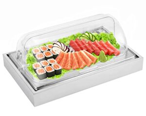 ymjoinmx ice food serving display tray with clear roll top cover buffet cold serving cooler platter w/ 2 ice packs cooling food dishes display plate case with lid for seafood fruit party buffet tray