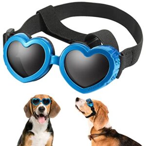 aposu dog sunglasses small breed goggles uv protection with adjustable strap doggy heart shape anti-fog sunglasses eye wear protection for puppy sun glasses doggie windproof glasses (blue)