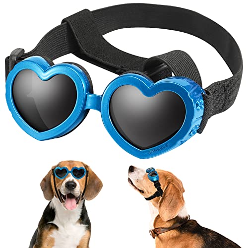 APOSU Dog Sunglasses Small Breed Goggles UV Protection with Adjustable Strap Doggy Heart Shape Anti-Fog Sunglasses Eye Wear Protection for Puppy Sun Glasses Doggie Windproof Glasses (Blue)