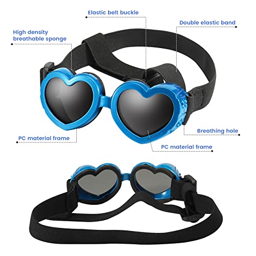 APOSU Dog Sunglasses Small Breed Goggles UV Protection with Adjustable Strap Doggy Heart Shape Anti-Fog Sunglasses Eye Wear Protection for Puppy Sun Glasses Doggie Windproof Glasses (Blue)