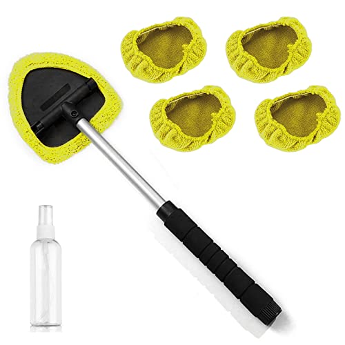 Kingsea Windshield Cleaner,Microfiber Car Window Cleaning Tool Set,with Extendable Handle and Washable Reusable Cloth Pad Head,Car Interior Accessories Car Glass Cleaner Kit (Pentagon, Yellow)