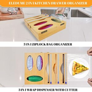 Foil and Plastic Wrap Organizer with Ziplock Bag Organizer, 6 in 1 Plastic Wrap Dispenser with Cutter, Bamboo Ziplock Bag Storage Organizer for Kitchen Drawer, For Gallon,Quart,Sandwich,Snack,13” Roll