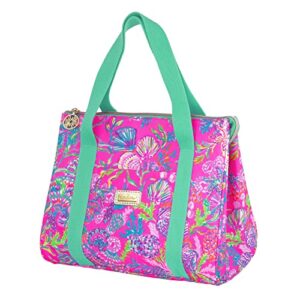 lilly pulitzer cute lunch bag for women, large capacity insulated tote bag, pink mini cooler with storage pocket and shoulder straps, shell me something good