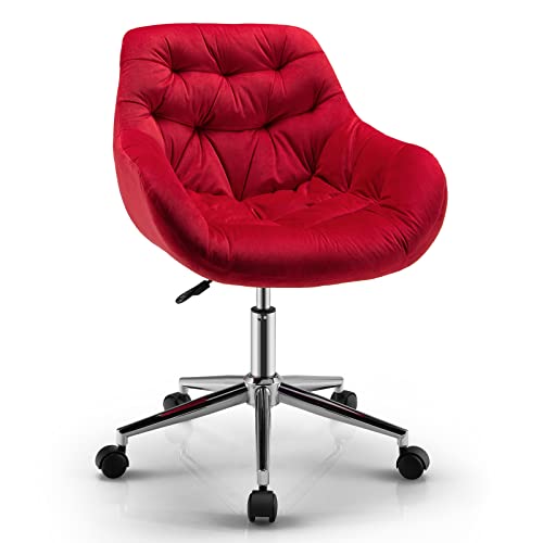 Giantex Velvet Leisure Armchair, Height-Adjustable Home Office Swivel Chair w/Rolling Casters, Ergonomic Mid Back Accent Chair w/Upholstered Seat & Tufted Surface for Bedroom, Vanity, Study (Red)