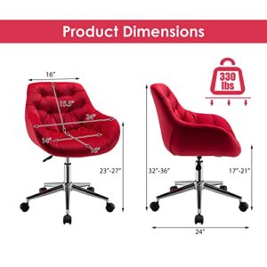 Giantex Velvet Leisure Armchair, Height-Adjustable Home Office Swivel Chair w/Rolling Casters, Ergonomic Mid Back Accent Chair w/Upholstered Seat & Tufted Surface for Bedroom, Vanity, Study (Red)