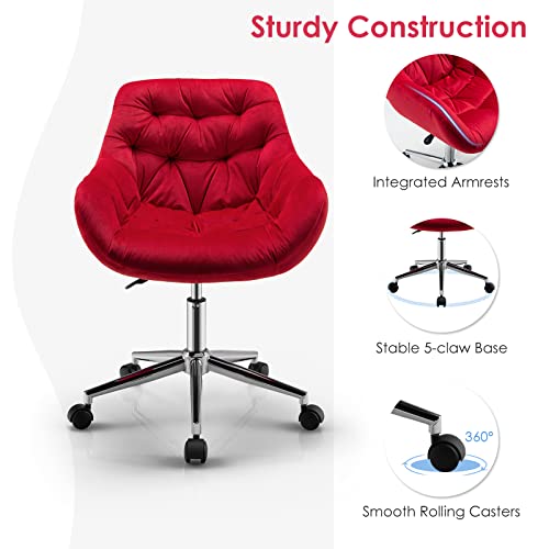 Giantex Velvet Leisure Armchair, Height-Adjustable Home Office Swivel Chair w/Rolling Casters, Ergonomic Mid Back Accent Chair w/Upholstered Seat & Tufted Surface for Bedroom, Vanity, Study (Red)