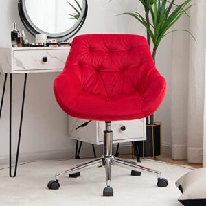 Giantex Velvet Leisure Armchair, Height-Adjustable Home Office Swivel Chair w/Rolling Casters, Ergonomic Mid Back Accent Chair w/Upholstered Seat & Tufted Surface for Bedroom, Vanity, Study (Red)