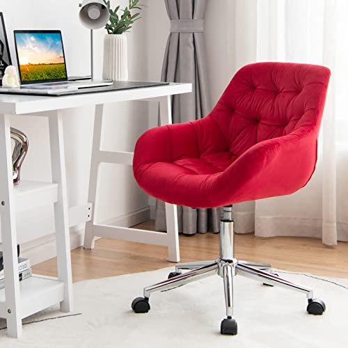 Giantex Velvet Leisure Armchair, Height-Adjustable Home Office Swivel Chair w/Rolling Casters, Ergonomic Mid Back Accent Chair w/Upholstered Seat & Tufted Surface for Bedroom, Vanity, Study (Red)