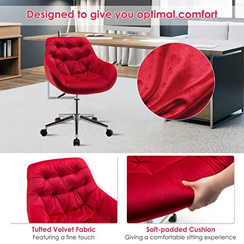 Giantex Velvet Leisure Armchair, Height-Adjustable Home Office Swivel Chair w/Rolling Casters, Ergonomic Mid Back Accent Chair w/Upholstered Seat & Tufted Surface for Bedroom, Vanity, Study (Red)