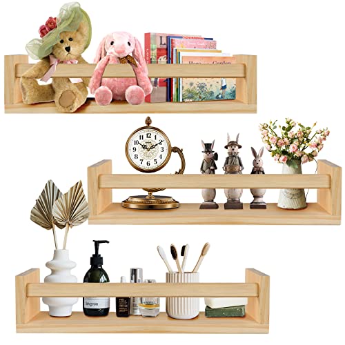 birola Nursery Shelves Set of 3,Wood Nursery Book Shelves for Wall,Book Shelf Organizer for Kids,Wall Bookshelves for Kids(Nature)