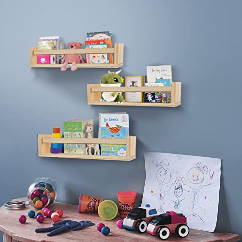 birola Nursery Shelves Set of 3,Wood Nursery Book Shelves for Wall,Book Shelf Organizer for Kids,Wall Bookshelves for Kids(Nature)