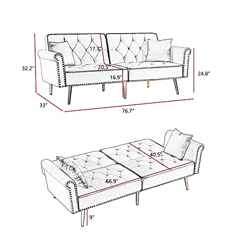 Utrend 76.7" Velvet Futon Tufted Sofa Bed,Convertible Sofa Bed with Metal Legs, couches for Apartment Office Bed Room Living Small Splitback Sofa