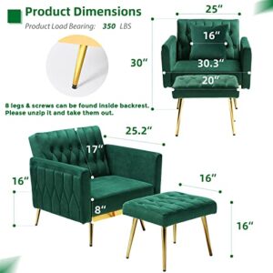 ACMEASE Velvet Accent Chair with Adjustable Armrests and Backrest, Button Tufted Lounge Chair, Single Recliner Armchair with Ottoman and Pillow for Living Room, Bedroom, Green