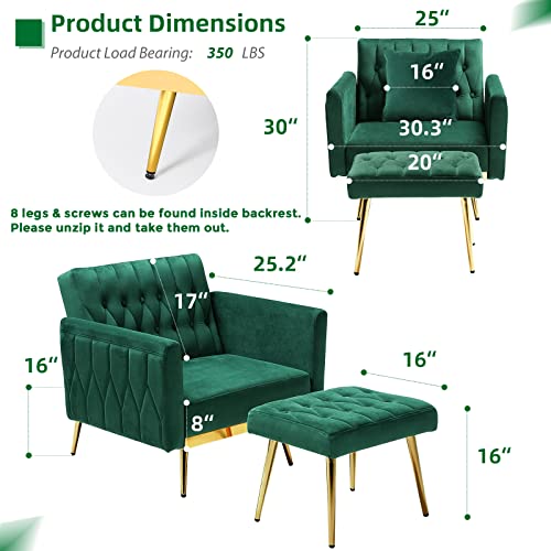 ACMEASE Velvet Accent Chair with Adjustable Armrests and Backrest, Button Tufted Lounge Chair, Single Recliner Armchair with Ottoman and Pillow for Living Room, Bedroom, Green