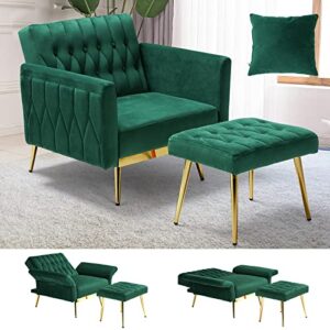 ACMEASE Velvet Accent Chair with Adjustable Armrests and Backrest, Button Tufted Lounge Chair, Single Recliner Armchair with Ottoman and Pillow for Living Room, Bedroom, Green