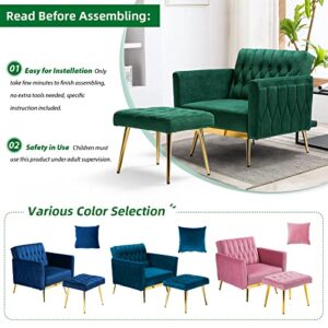 ACMEASE Velvet Accent Chair with Adjustable Armrests and Backrest, Button Tufted Lounge Chair, Single Recliner Armchair with Ottoman and Pillow for Living Room, Bedroom, Green