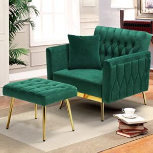 ACMEASE Velvet Accent Chair with Adjustable Armrests and Backrest, Button Tufted Lounge Chair, Single Recliner Armchair with Ottoman and Pillow for Living Room, Bedroom, Green