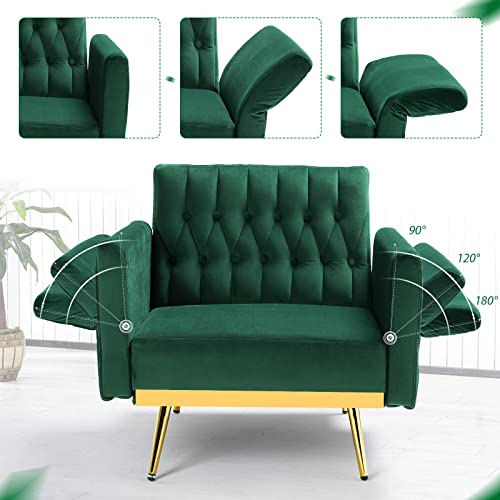 ACMEASE Velvet Accent Chair with Adjustable Armrests and Backrest, Button Tufted Lounge Chair, Single Recliner Armchair with Ottoman and Pillow for Living Room, Bedroom, Green