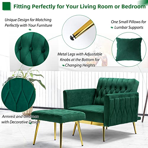 ACMEASE Velvet Accent Chair with Adjustable Armrests and Backrest, Button Tufted Lounge Chair, Single Recliner Armchair with Ottoman and Pillow for Living Room, Bedroom, Green