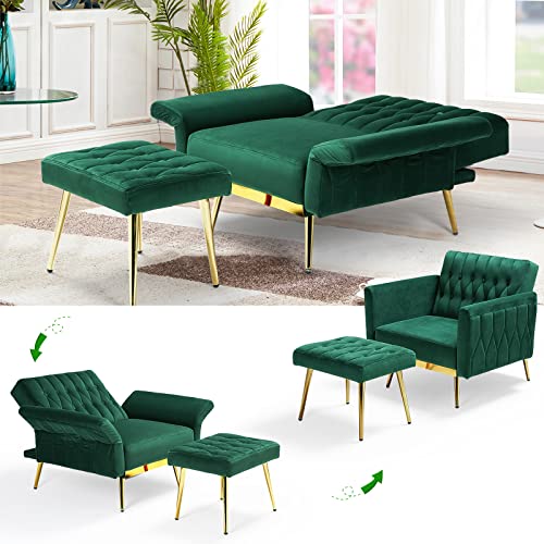 ACMEASE Velvet Accent Chair with Adjustable Armrests and Backrest, Button Tufted Lounge Chair, Single Recliner Armchair with Ottoman and Pillow for Living Room, Bedroom, Green