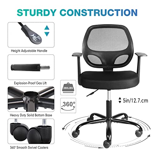 Ergonomic Home Office Desk Chair, Small Desk Chair with Comfortable Lumbar Support, Wide Seat and Armrest, Breathable Mesh Task Chair Swivel Rolling Height Adjustable Chair for Study, Office