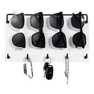 emibele sunglass organizer wall key holder, decorative wood wall jewelry organizer glasses and sunglass holder display with 5 hooks key rack hanging eyeglass storage for entryway living room, white