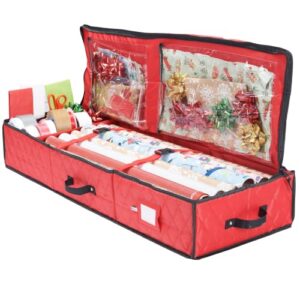 zober wrapping paper storage containers - 40.5x14x6 inch, quilted, duffle bag-style gift wrap organizer and storage bag w/wheels, zipper and double handle for christmas decorations - red