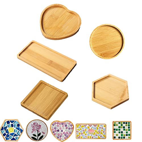 JUSTDOLIFE 5PCS Bamboo Tray Set Assorted Cup Coaster Succulent Pot Tray Mosaic Coaster Base DIY Craft (Burlywood 1)