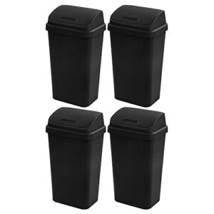 sterilite 13 gallon plastic swing top spave saving flat side lidded wastebasket trash can for kitchen, garage, or workspace, black (4 pack)