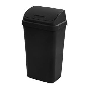 Sterilite 13 Gallon Plastic Swing Top Spave Saving Flat Side Lidded Wastebasket Trash Can for Kitchen, Garage, or Workspace, Black (4 Pack)