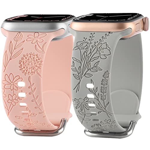 Flower Engraved Silicone Band Compatible with Apple Watch Bands 38mm 40mm 41mm, Cute Women Wildflowers Floral Design Soft Sport Strap Replacement Wristbands for iWatch Series 8 7/SE/6/5/4/3/2/1 (42/44/45mm, Grey Pink)