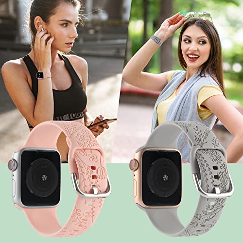 Flower Engraved Silicone Band Compatible with Apple Watch Bands 38mm 40mm 41mm, Cute Women Wildflowers Floral Design Soft Sport Strap Replacement Wristbands for iWatch Series 8 7/SE/6/5/4/3/2/1 (42/44/45mm, Grey Pink)