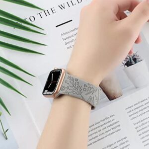 Flower Engraved Silicone Band Compatible with Apple Watch Bands 38mm 40mm 41mm, Cute Women Wildflowers Floral Design Soft Sport Strap Replacement Wristbands for iWatch Series 8 7/SE/6/5/4/3/2/1 (42/44/45mm, Grey Pink)