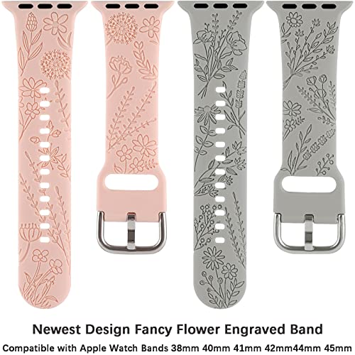 Flower Engraved Silicone Band Compatible with Apple Watch Bands 38mm 40mm 41mm, Cute Women Wildflowers Floral Design Soft Sport Strap Replacement Wristbands for iWatch Series 8 7/SE/6/5/4/3/2/1 (42/44/45mm, Grey Pink)