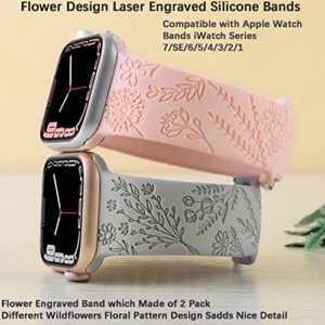 Flower Engraved Silicone Band Compatible with Apple Watch Bands 38mm 40mm 41mm, Cute Women Wildflowers Floral Design Soft Sport Strap Replacement Wristbands for iWatch Series 8 7/SE/6/5/4/3/2/1 (42/44/45mm, Grey Pink)